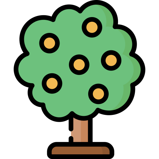 Cartoon tree with fruit icons on branches.