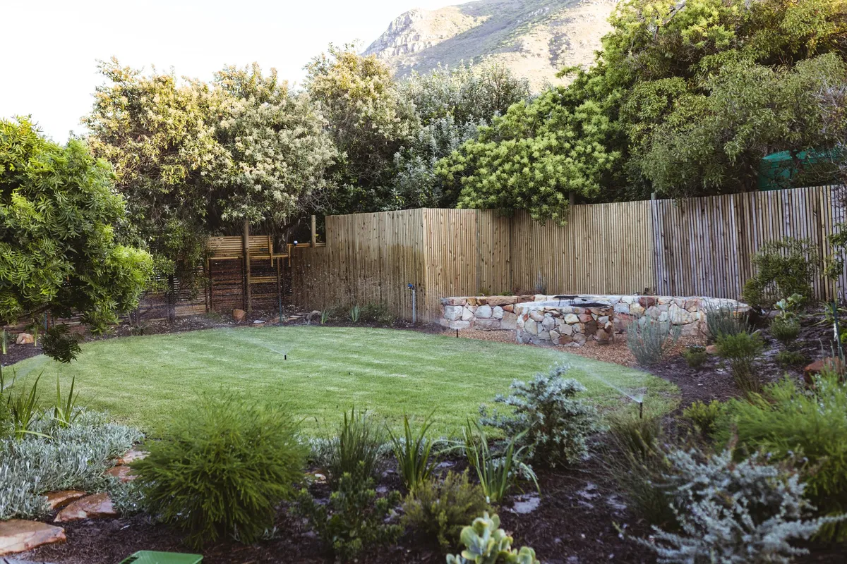A serene backyard garden with lush greenery and a wooden fence, perfect for affordable landscaping ideas.